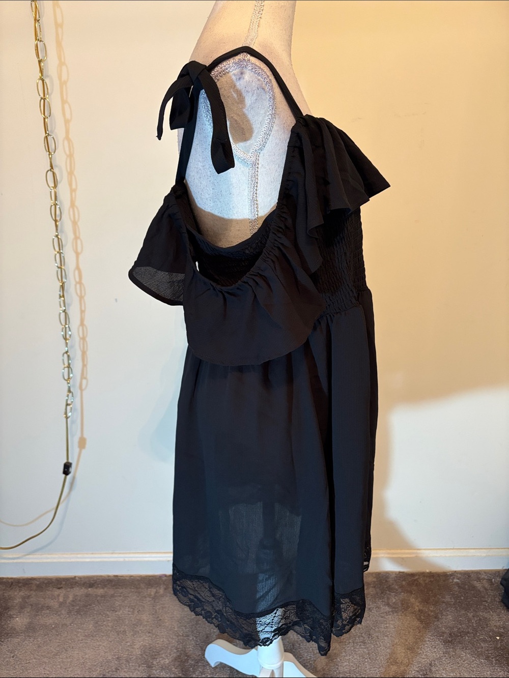 Torrid black smocked cold shoulder mini ruffle lace trim coverup dress - Picture 8 of 11